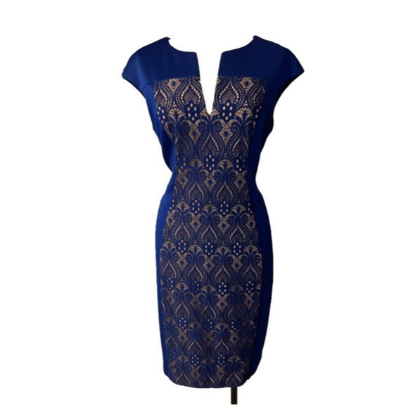 connected apparel Dresses & Skirts - Connected Dress 12 Blue Tan Stretch Lace Panel Washable Career Church Party